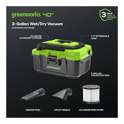  Greenworks 40V (3 Gallon) Cordless Wet / Dry Shop Vacuum + Accessories, 2.0Ah Battery and Charger Included