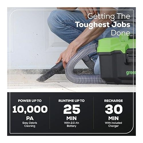  Greenworks 40V (3 Gallon) Cordless Wet / Dry Shop Vacuum + Accessories, 2.0Ah Battery and Charger Included