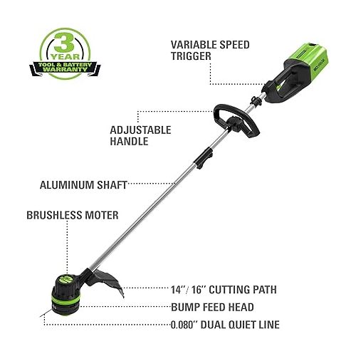  Greenworks 80V 16 inch Brushless String Trimmer, 2.0Ah Battery & Rapid Charger Included, ST80L210