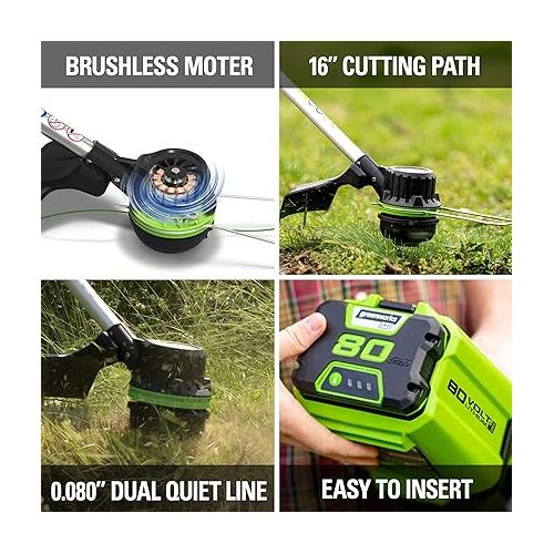  Greenworks 80V 16 inch Brushless String Trimmer, 2.0Ah Battery & Rapid Charger Included, ST80L210