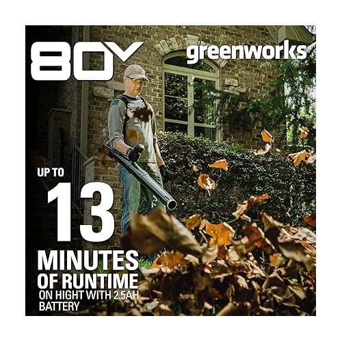  Greenworks 80V (180 MPH / 610 CFM / 75+ Compatible Tools) Cordless Brushless Backpack Blower, 2.5Ah Battery and Rapid Charger Included, Green/Black