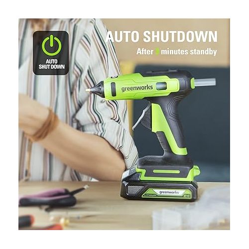  Greenworks 24V Cordless Glue Gun,2.0Ah Battery & Charger Included -1.5min Fast Heating,LED light, Drip-free nozzle, 90 min Runtime, Auto off for DIY, Arts, Crafts, Home Decoration