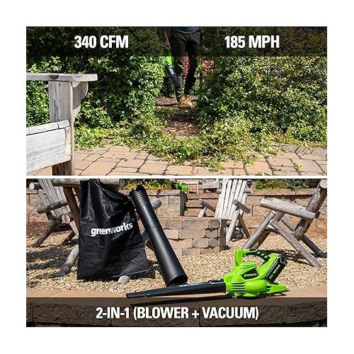  Greenworks 40V (185 MPH / 340 CFM / 75+ Compatible Tools) Cordless Brushless Leaf Blower / Vacuum, Tool Only