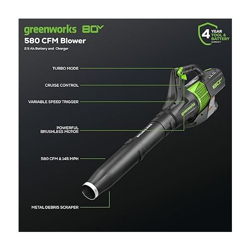  Greenworks 80V (145 MPH / 580 CFM / 75+ Compatible Tools) Cordless Brushless Axial Leaf Blower, 2.5Ah Battery and Charger Included