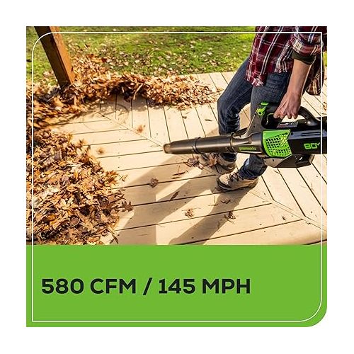  Greenworks 80V (145 MPH / 580 CFM / 75+ Compatible Tools) Cordless Brushless Axial Leaf Blower, 2.5Ah Battery and Charger Included