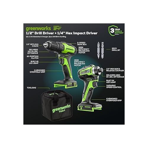  Greenworks 24V Brushless Cordless Drill and Impact Driver,Power Tool Combo Kit Included 1/2”Drill & 1/4”Hex Impact Driver and (2) Batteries, Fast Charger, 2 pcs Drill Bit Set & Bag