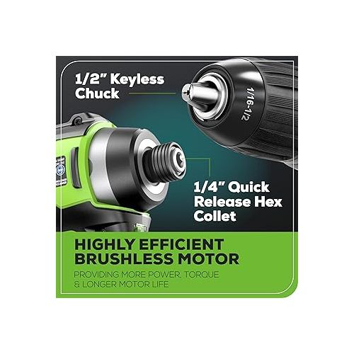  Greenworks 24V Brushless Cordless Drill and Impact Driver,Power Tool Combo Kit Included 1/2”Drill & 1/4”Hex Impact Driver and (2) Batteries, Fast Charger, 2 pcs Drill Bit Set & Bag