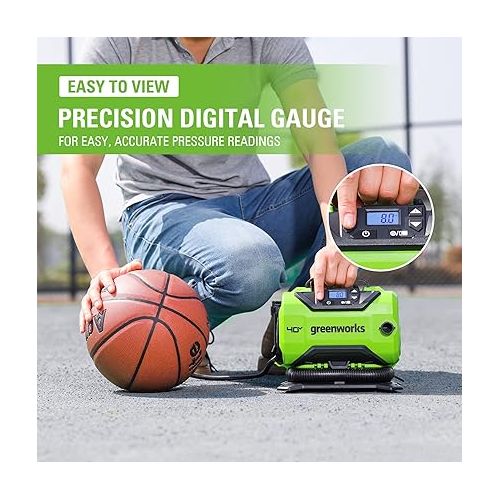  Greenworks 40V Cordless Tire Inflator, 160 PSI Portable Air Compressor, 2 Power Sources, Auto Shut Off, for Car, Bicycle, Motorcycle, Air Boat, Inflatables, Tool Only