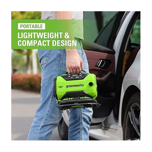  Greenworks 40V Cordless Tire Inflator, 160 PSI Portable Air Compressor, 2 Power Sources, Auto Shut Off, for Car, Bicycle, Motorcycle, Air Boat, Inflatables, Tool Only