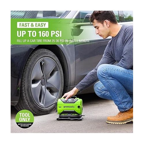  Greenworks 40V Cordless Tire Inflator, 160 PSI Portable Air Compressor, 2 Power Sources, Auto Shut Off, for Car, Bicycle, Motorcycle, Air Boat, Inflatables, Tool Only