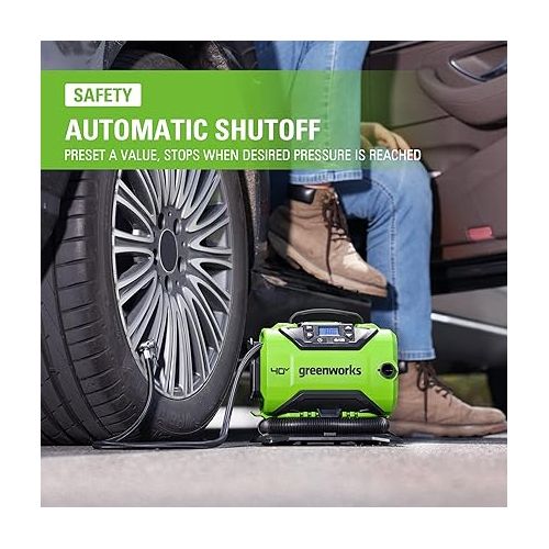  Greenworks 40V Cordless Tire Inflator, 160 PSI Portable Air Compressor, 2 Power Sources, Auto Shut Off, for Car, Bicycle, Motorcycle, Air Boat, Inflatables, Tool Only