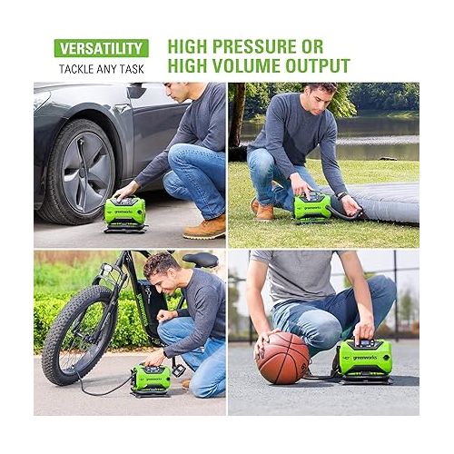  Greenworks 40V Cordless Tire Inflator, 160 PSI Portable Air Compressor, 2 Power Sources, Auto Shut Off, for Car, Bicycle, Motorcycle, Air Boat, Inflatables, Tool Only