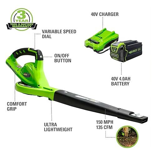  Greenworks 40V (150 MPH / 130 CFM / 75+ Compatible Tools) Cordless Leaf Blower, 4.0Ah Battery and Charger Included