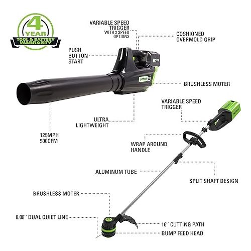  Greenworks Pro 80V Cordless Brushless String Trimmer + Leaf Blower Combo, 2Ah Battery and Charger Included STBA80L210