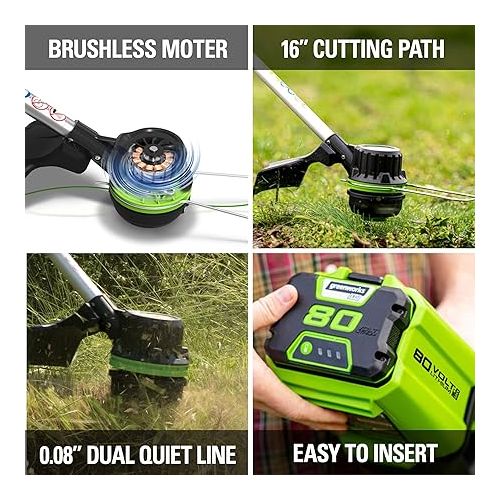  Greenworks Pro 80V Cordless Brushless String Trimmer + Leaf Blower Combo, 2Ah Battery and Charger Included STBA80L210