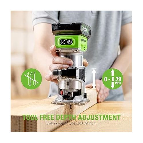  Greenworks 24V Cordless Trim Router, Variable Speed Brushless Motor Compact Palm Router with 2Ah Battery and Charger