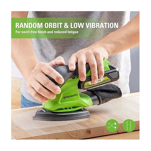  Greenworks 24V Finishing Sander 11,000 OPM Cordless with 2Ah Battery and Charger