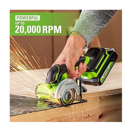  Greenworks 24V Brushless Cordless Compact Cut-Off Tool Kit, 2.0Ah Battery & Fast Charger, With Extra 3 in. Cut-Off Wheels (3-Pack)