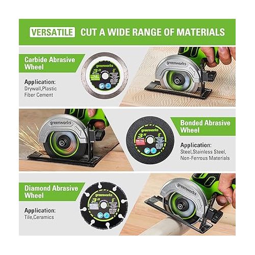  Greenworks 24V Brushless Cordless Compact Cut-Off Tool Kit, 2.0Ah Battery & Fast Charger, With Extra 3 in. Cut-Off Wheels (3-Pack)