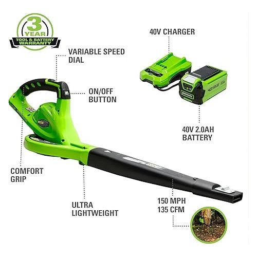  Greenworks 40V (Powerful, Quiet, Lightweight, 1 Hour Rapid Charger, 75+ Compatible Tools), 2.0Ah Battery and Charger