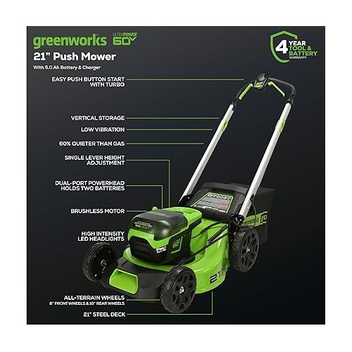  Greenworks 60V 21” Cordless (Push) Lawn Mower (LED Lights + Aluminum Handles), 5.0Ah Battery and Rapid Charger
