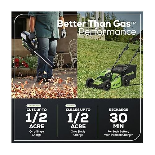  Greenworks 80V 21” Brushless (Push) Cordless Electric Lawn Mower + (500 CFM) Axial Leaf Blower (75+ Compatible Tools), (2) 2.0Ah Batteries and 30 Minute Rapid Charger