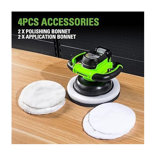  Greenworks 24V Powerful Cordless Car Buffer & Polisher, 10-inch pad 2800 RPM waxing machine with 4 Buffing Bonnets, 2.0Ah Battery & 2A Charger included