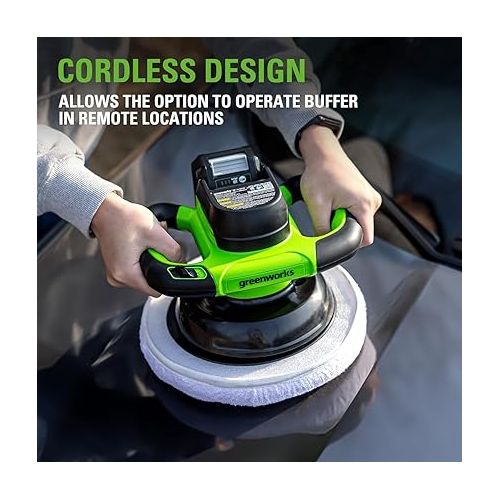  Greenworks 24V Powerful Cordless Car Buffer & Polisher, 10-inch pad 2800 RPM waxing machine with 4 Buffing Bonnets, 2.0Ah Battery & 2A Charger included