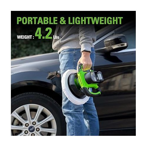  Greenworks 24V Powerful Cordless Car Buffer & Polisher, 10-inch pad 2800 RPM waxing machine with 4 Buffing Bonnets, 2.0Ah Battery & 2A Charger included