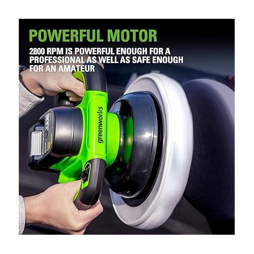  Greenworks 24V Powerful Cordless Car Buffer & Polisher, 10-inch pad 2800 RPM waxing machine with 4 Buffing Bonnets, 2.0Ah Battery & 2A Charger included