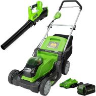 Greenworks 40V 17 inch Cordless Lawn Mower + Axial Leaf Blower with 4Ah Battery and Charger Combo Kit