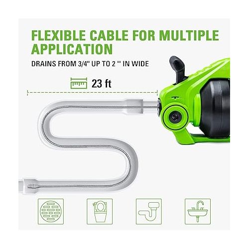  Greenworks 24V Cordless Plumbing Drain Auger / Snake (23-FT / 560 RPM) For Unclogging Sinks, Shower Drains, Toilets, and More! (3/4