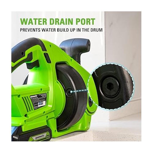  Greenworks 24V Cordless Plumbing Drain Auger / Snake (23-FT / 560 RPM) For Unclogging Sinks, Shower Drains, Toilets, and More! (3/4