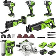 Greenworks 24V 7pcs Combo Kit w/2.0Ah & 4.0Ah USB Batteries & (2) Chargers. 800in/lb Drill, Impact Driver, Multi-tool, Reciprocating Saw, Circular, Brad Nailer and Flashlight