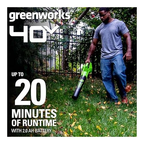  Greenworks 40V (100 MPH / 350 CFM / 75+ Compatible Tools) Cordless Axial Leaf Blower, 2.0Ah Battery and Charger Included
