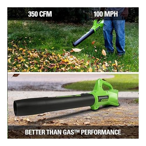  Greenworks 40V (100 MPH / 350 CFM / 75+ Compatible Tools) Cordless Axial Leaf Blower, 2.0Ah Battery and Charger Included