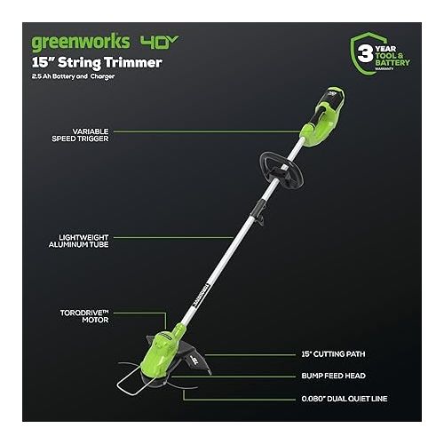  Greenworks 40V 15’’ Cordless String Trimmer w/ 2 Ah Battery & Charger