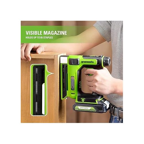  Greenworks 24V Cordless 2 in 1 Staple Gun Nail Gun, 3/8 in. Crown Stapler with 2Ah Battery and Charger