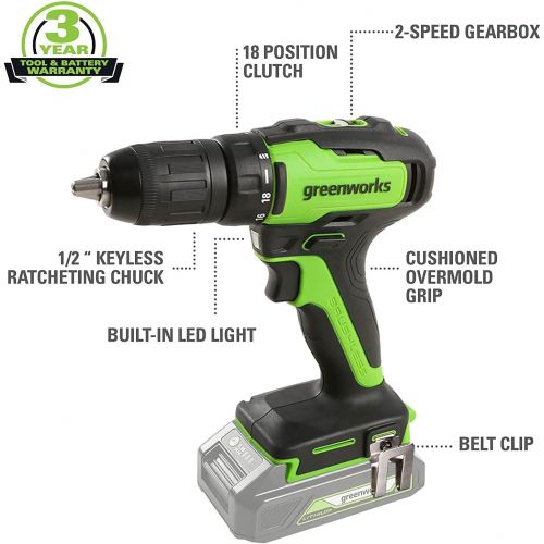  Greenworks 24V Brushless 1/2-Inch Drill/Driver, 2.0Ah (USB Hub) Battery and Charger Included