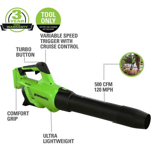  Greenworks BL40B02 40V (120 MPH / 500 CFM) Axial Leaf Blower, Tool Only