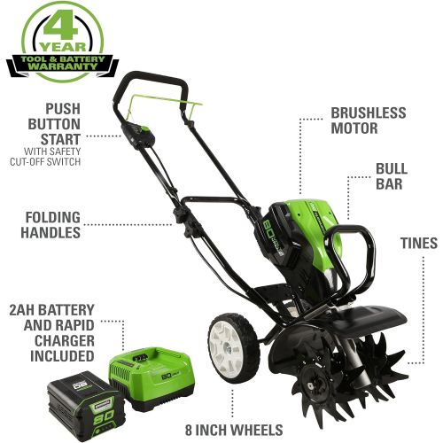  Greenworks Pro 80V 10 inch Cultivator with 2Ah Battery and Charger, TL80L210, Black And Green