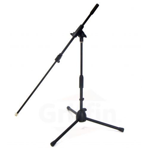  Short Microphone Stand with Boom Arm by Griffin Low Profile Mic Stand Mount for Kick Bass Drums, Desktop & Guitar Amplifiers Small Level Telescoping Boom Holder with Tripod Legs