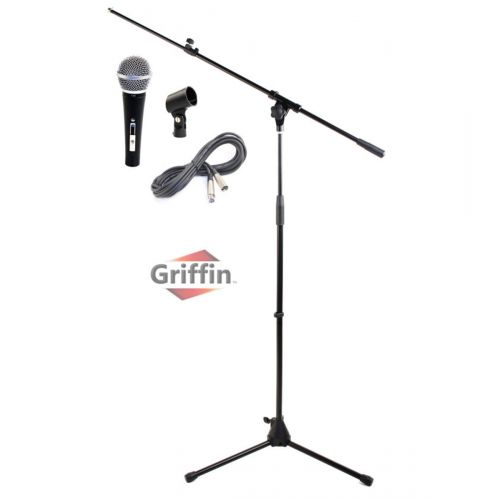  Microphone Boom Stand Package by Griffin Telescoping Arm Mount & Tripod Holder Cardioid Dynamic Handheld Vocal Microphone 20FT XLR Mic Cable Live Sound Stage Gear For Recording Stu