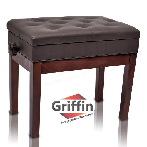  Adjustable Piano Brown Leather Bench by Griffin | Vintage Stylish Design, Heavy-Duty & Ergonomic Keyboard Stool | Comfortable Seat & Convenient Hidden Storage Space Perfect For Hom