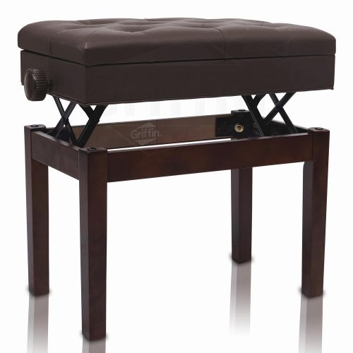  Adjustable Piano Brown Leather Bench by Griffin | Vintage Stylish Design, Heavy-Duty & Ergonomic Keyboard Stool | Comfortable Seat & Convenient Hidden Storage Space Perfect For Hom