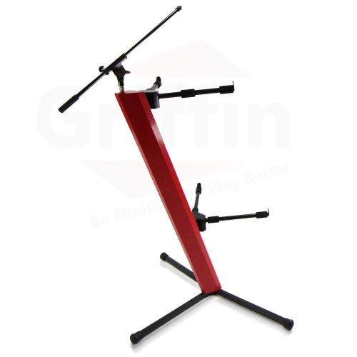  2-Tier Column Keyboard Stand with Mic Boom Arm by Griffin | Double Sliding Mounting Arms | Deluxe Red Tower Base with Adjustable Height | Mounts Turntables, DJ Gear, Studio Synthes