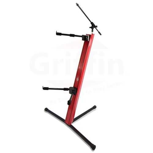  2-Tier Column Keyboard Stand with Mic Boom Arm by Griffin | Double Sliding Mounting Arms | Deluxe Red Tower Base with Adjustable Height | Mounts Turntables, DJ Gear, Studio Synthes