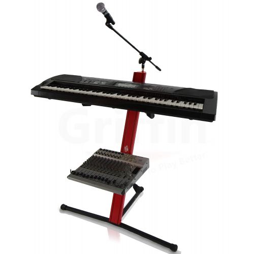  2-Tier Column Keyboard Stand with Mic Boom Arm by Griffin | Double Sliding Mounting Arms | Deluxe Red Tower Base with Adjustable Height | Mounts Turntables, DJ Gear, Studio Synthes