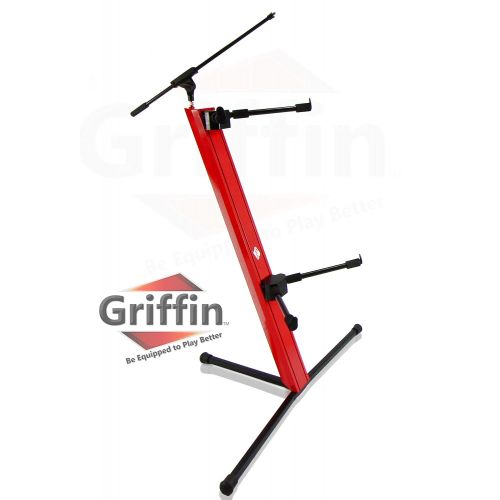  2-Tier Column Keyboard Stand with Mic Boom Arm by Griffin | Double Sliding Mounting Arms | Deluxe Red Tower Base with Adjustable Height | Mounts Turntables, DJ Gear, Studio Synthes