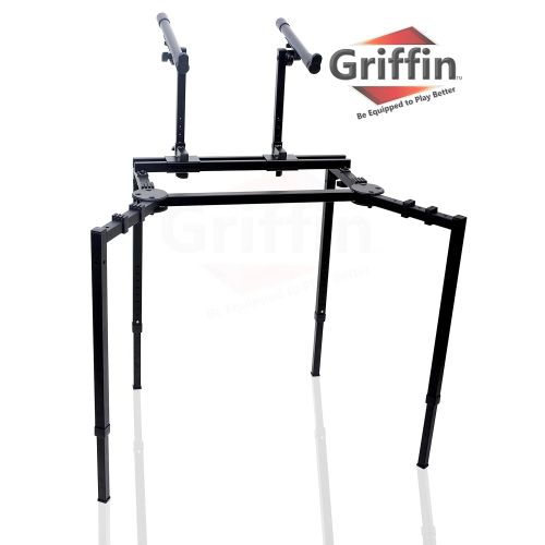  Double Piano Keyboard and Laptop Stand by Griffin | 2 Tier/Dual Portable Studio Mixer Rack for Turntables, DJ Coffins, Speakers, Audio Gear and Music Equipment | Deluxe & Versatile